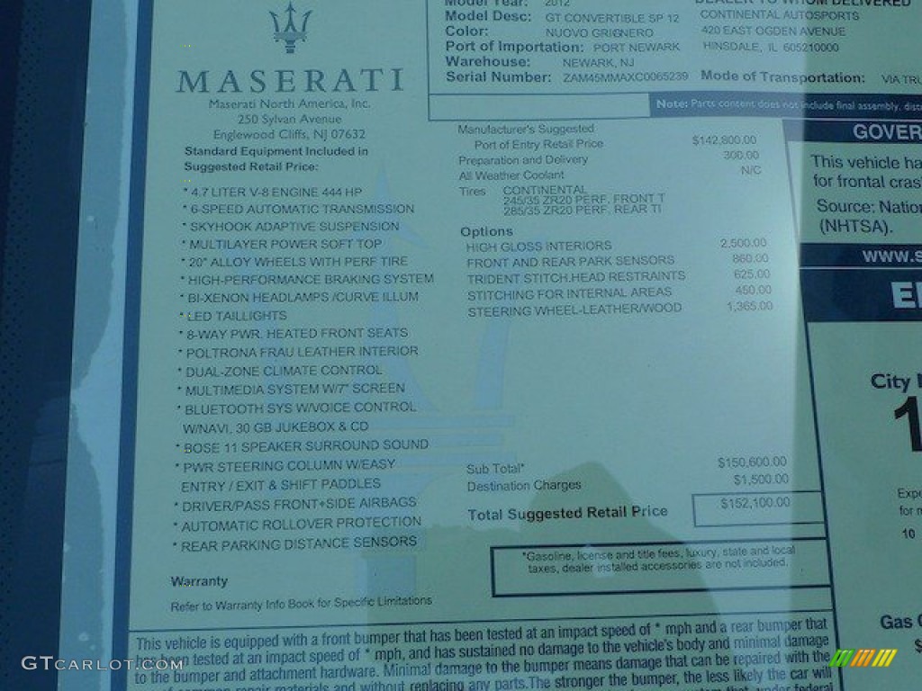 2012 Maserati GranTurismo Convertible GranCabrio Sport Window Sticker Photo #65734189
