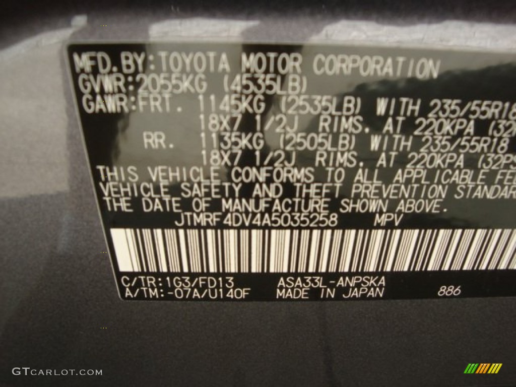 2010 RAV4 Color Code 1G3 for Magnetic Gray Metallic Photo #65759197