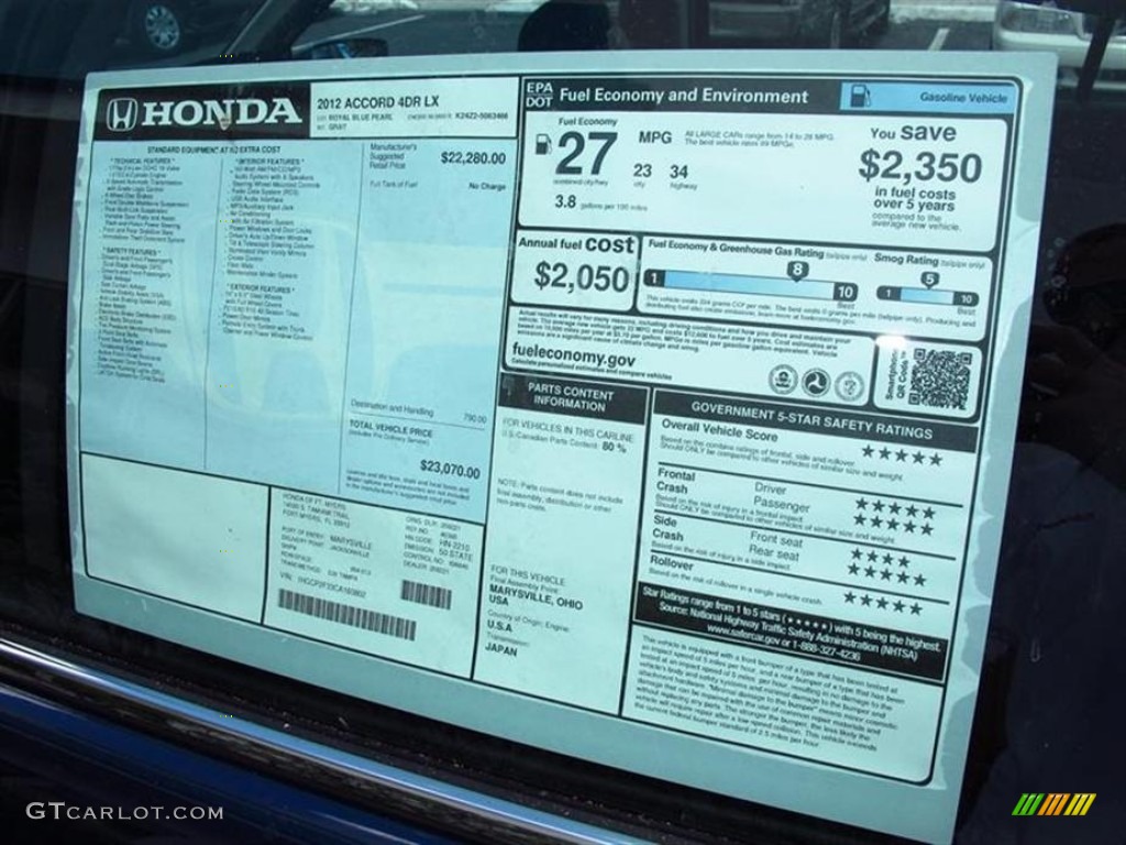 2012 Accord LX Sedan - Royal Blue Pearl / Gray photo #9