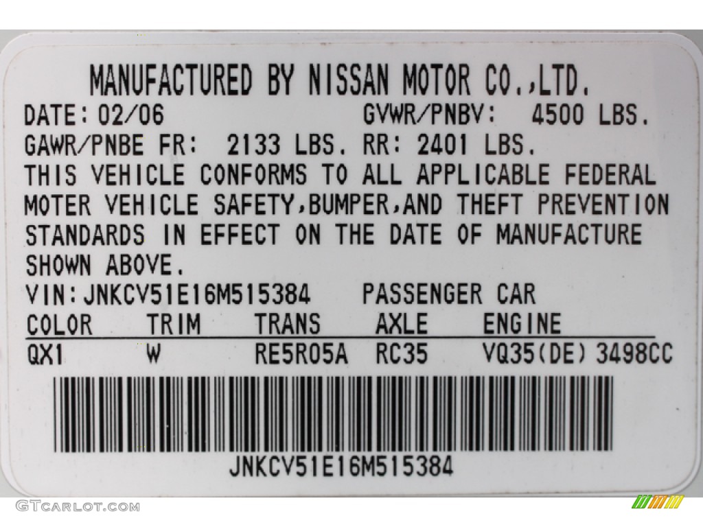 2006 Infiniti G 35 Sedan Color Code Photos
