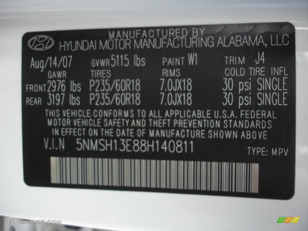 2008 Hyundai Santa Fe SE Color Code Photos