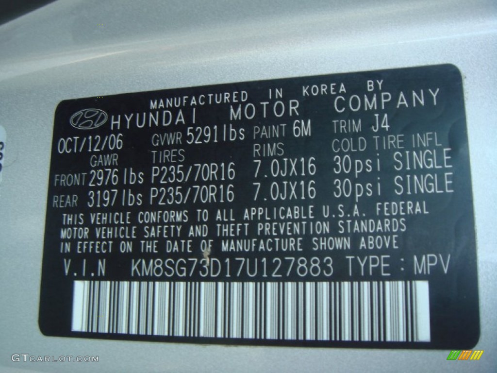 2007 Hyundai Santa Fe GLS 4WD Color Code Photos