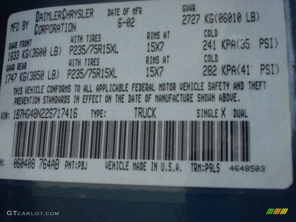 2002 Dakota Color Code PBJ for Atlantic Blue Pearl Photo #65794991