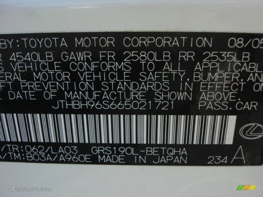2006 GS Color Code 062 for Crystal White Photo #65795987
