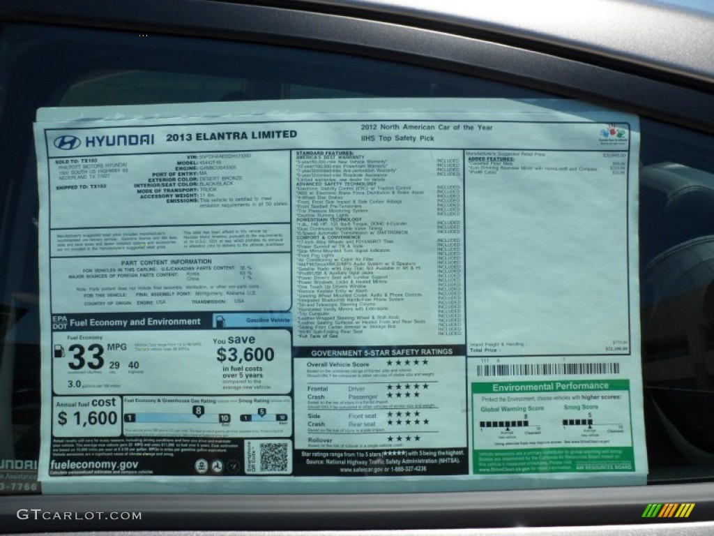 2013 Hyundai Elantra Limited Window Sticker Photo #65800544