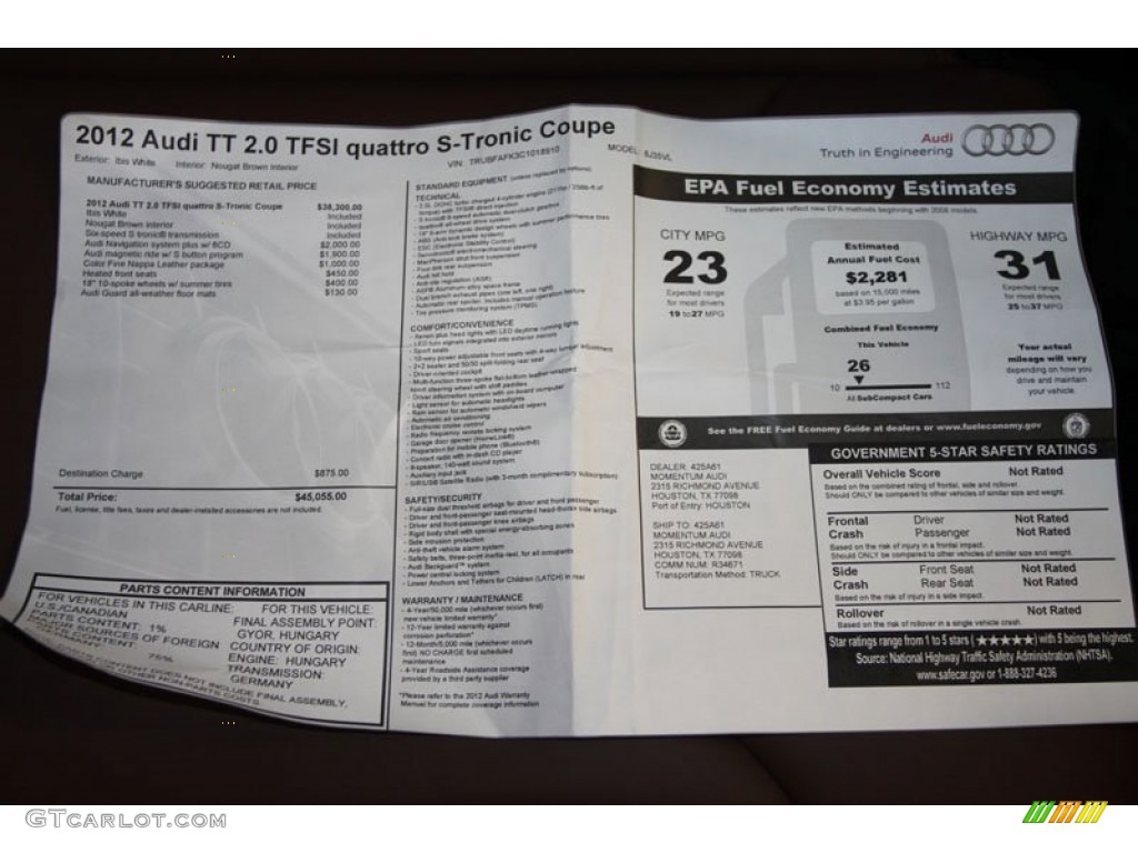 2012 Audi TT 2.0T quattro Coupe Window Sticker Photo #65809668