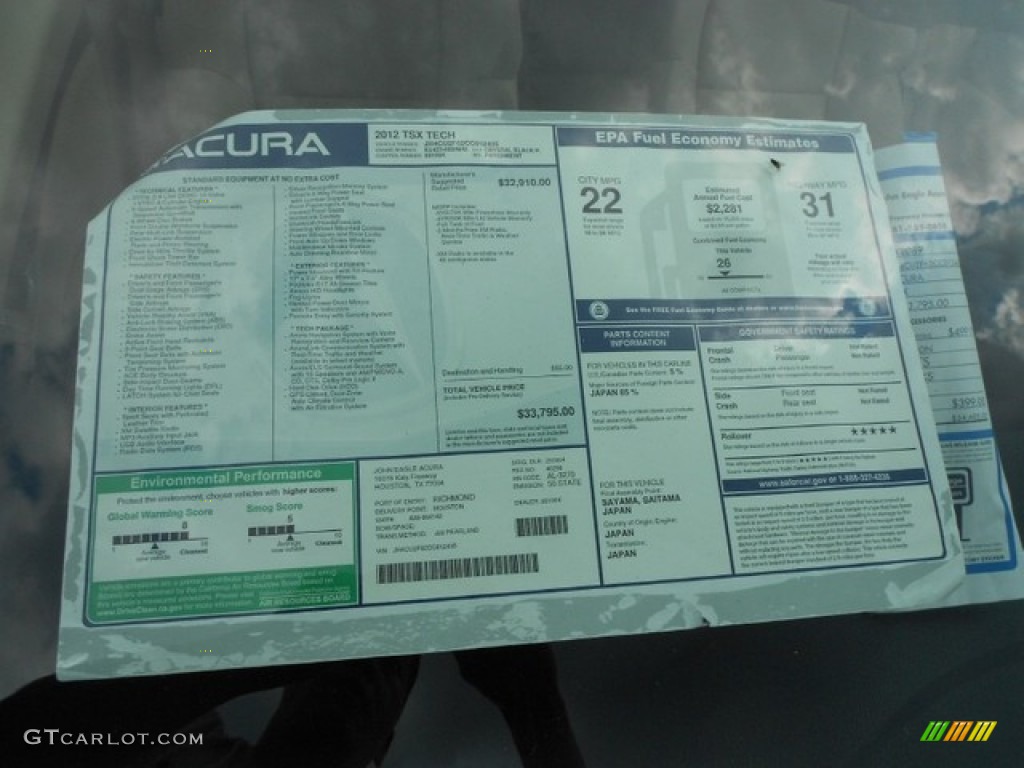 2012 Acura TSX Technology Sedan Window Sticker Photo #65810694