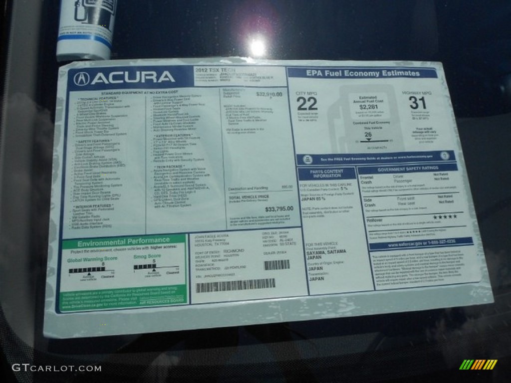 2012 Acura TSX Technology Sedan Window Sticker Photo #65811116