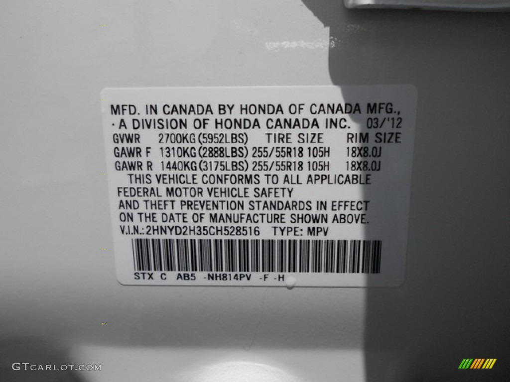 2012 MDX Color Code NH814PV for Aspen White Pearl II Photo #65828621