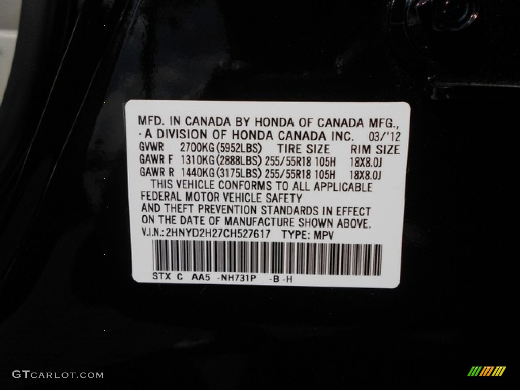 2012 MDX Color Code NH731P for Crystal Black Pearl Photo #65831081