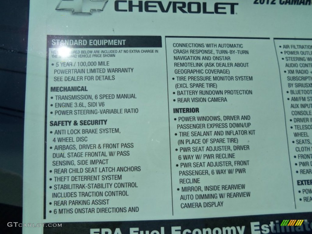 2012 Chevrolet Camaro LT/RS Convertible Window Sticker Photo #65862780