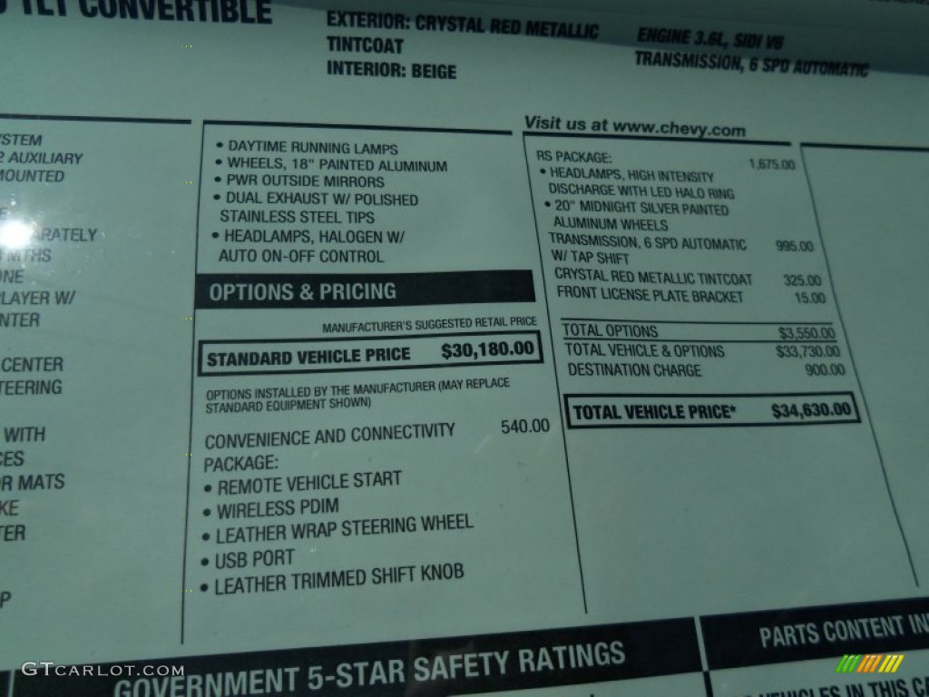 2012 Chevrolet Camaro LT/RS Convertible Window Sticker Photo #65862789