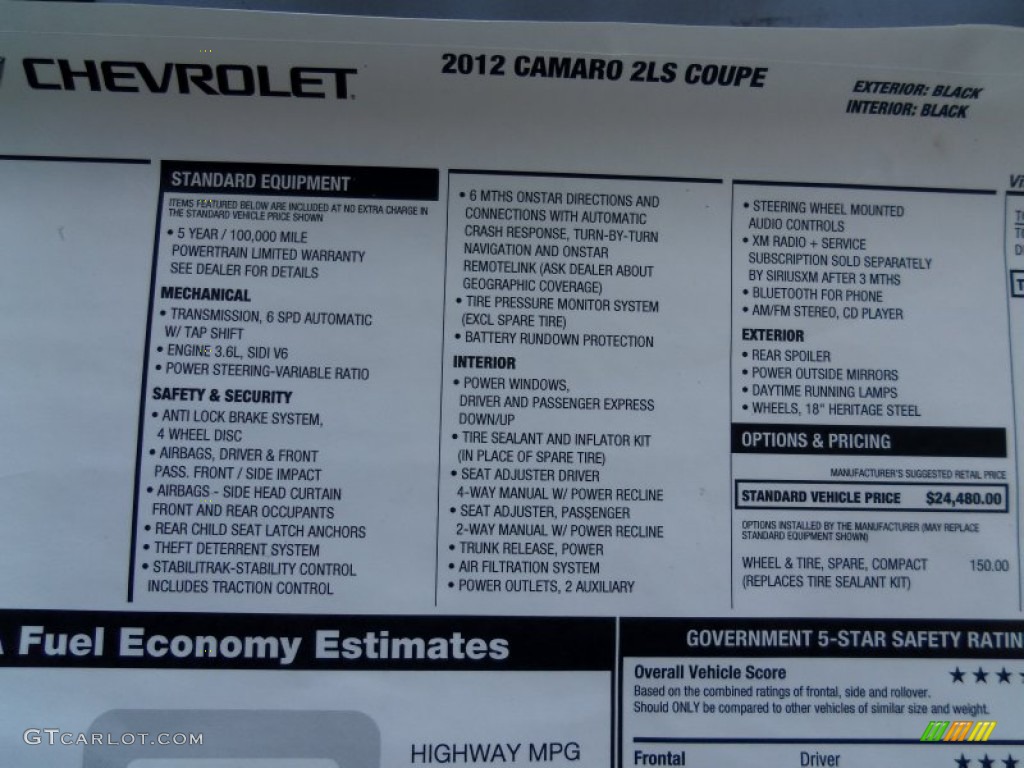 2012 Chevrolet Camaro LS Coupe Window Sticker Photo #65863551