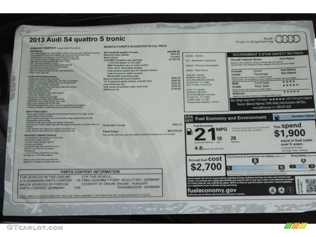 2013 Audi S4 3.0T quattro Sedan Window Sticker Photo #65866680