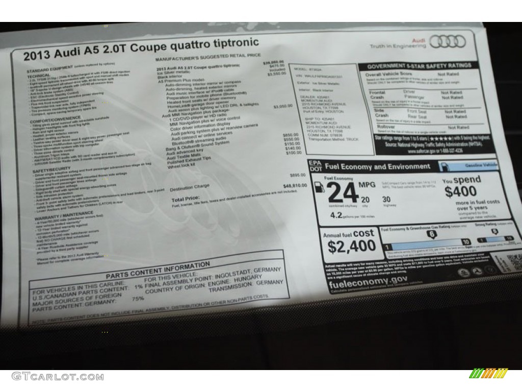 2013 Audi A5 2.0T quattro Coupe Window Sticker Photo #65867127