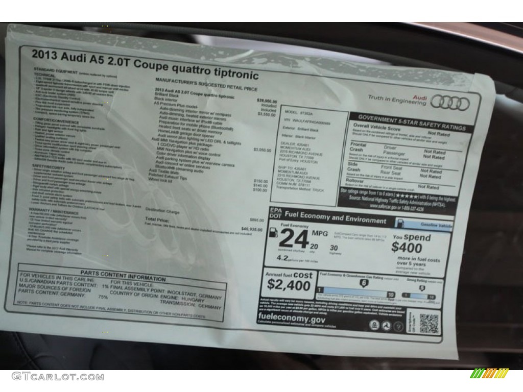 2013 Audi A5 2.0T quattro Coupe Window Sticker Photo #65867622