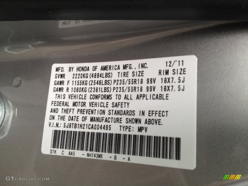 2012 RDX Color Code NH743MX for Palladium Metallic Photo #65870403