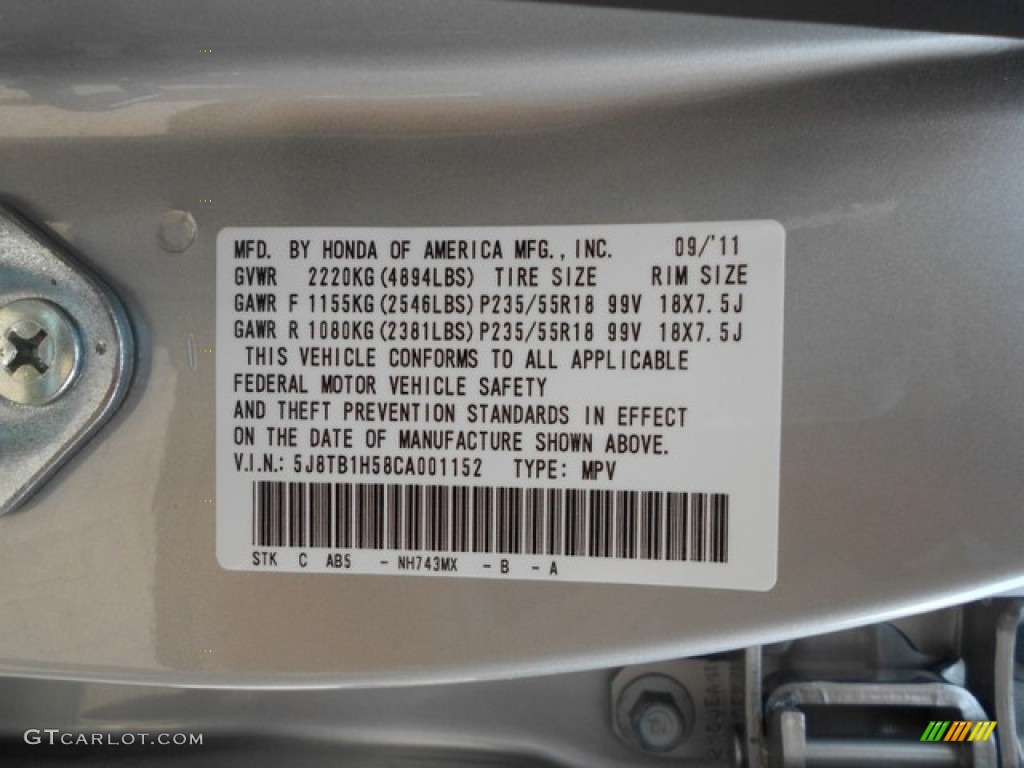 2012 RDX Color Code NH743MX for Palladium Metallic Photo #65904085