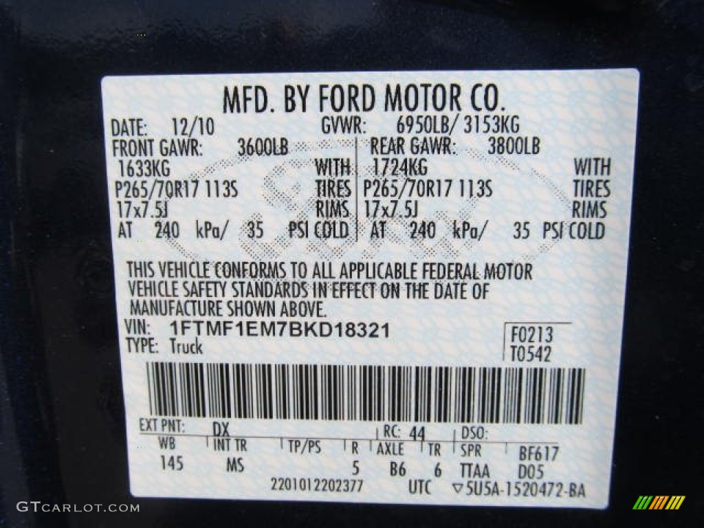 2011 Ford F150 XLT Regular Cab 4x4 Color Code Photos