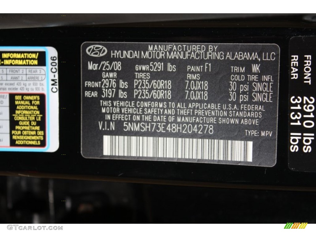 2008 Santa Fe Color Code F1 for Ebony Black Photo #65907856