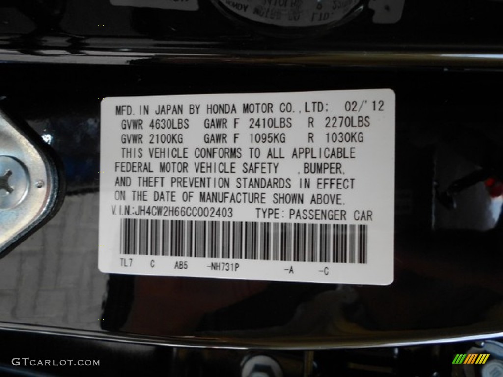 2012 TSX Color Code NH731P for Crystal Black Pearl Photo #65910194