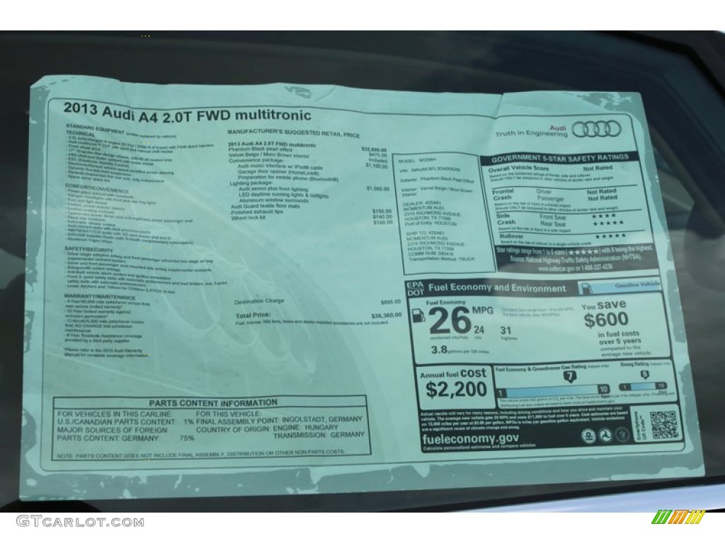 2013 Audi A4 2.0T Sedan Window Sticker Photo #65930600