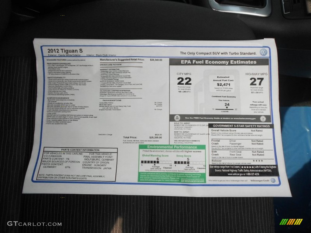 2012 Volkswagen Tiguan S Window Sticker Photo #65942876
