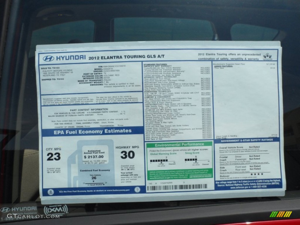 2012 Hyundai Elantra GLS Touring Window Sticker Photo #65963699