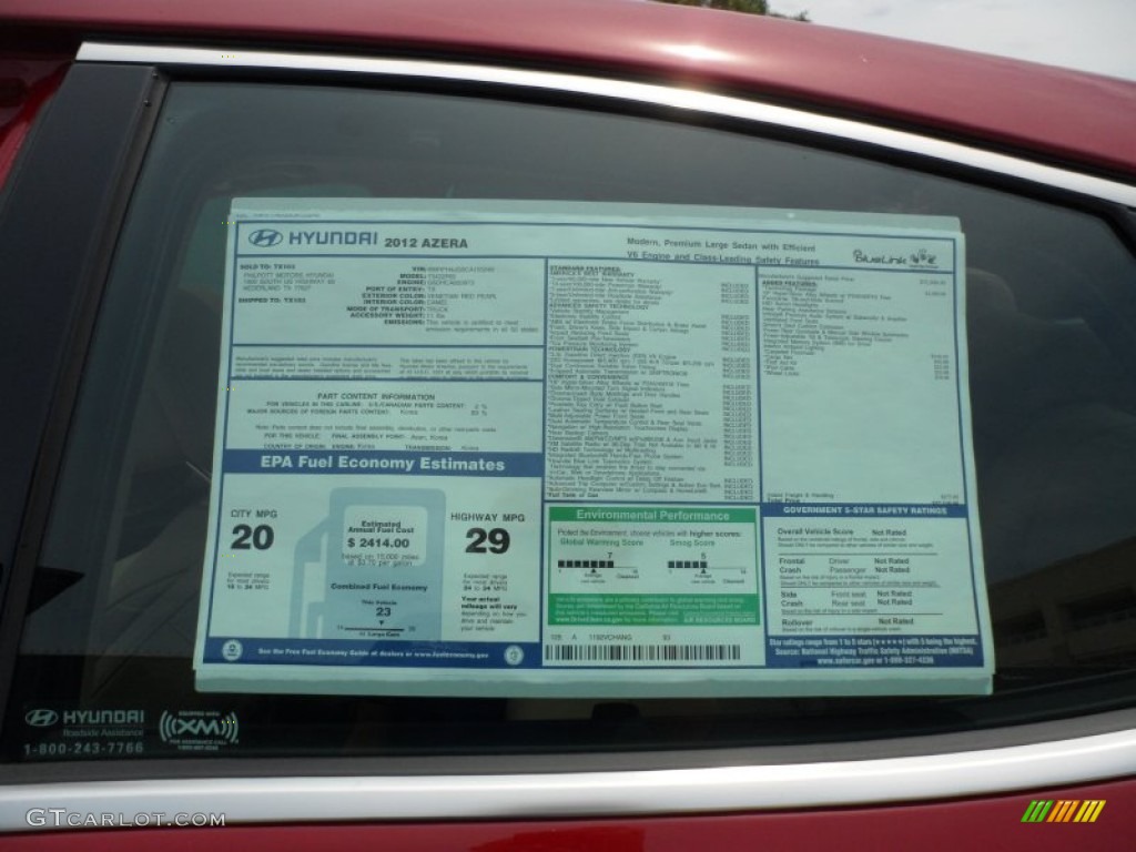 2012 Hyundai Azera Standard Azera Model Window Sticker Photo #65966369