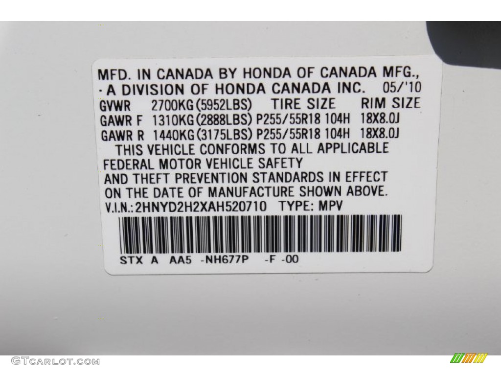 2010 MDX Color Code NH677P for Aspen White Pearl Photo #65978457