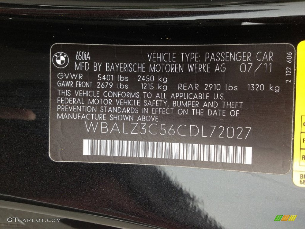 2012 BMW 6 Series 650i Convertible Info Tag Photo #65980568