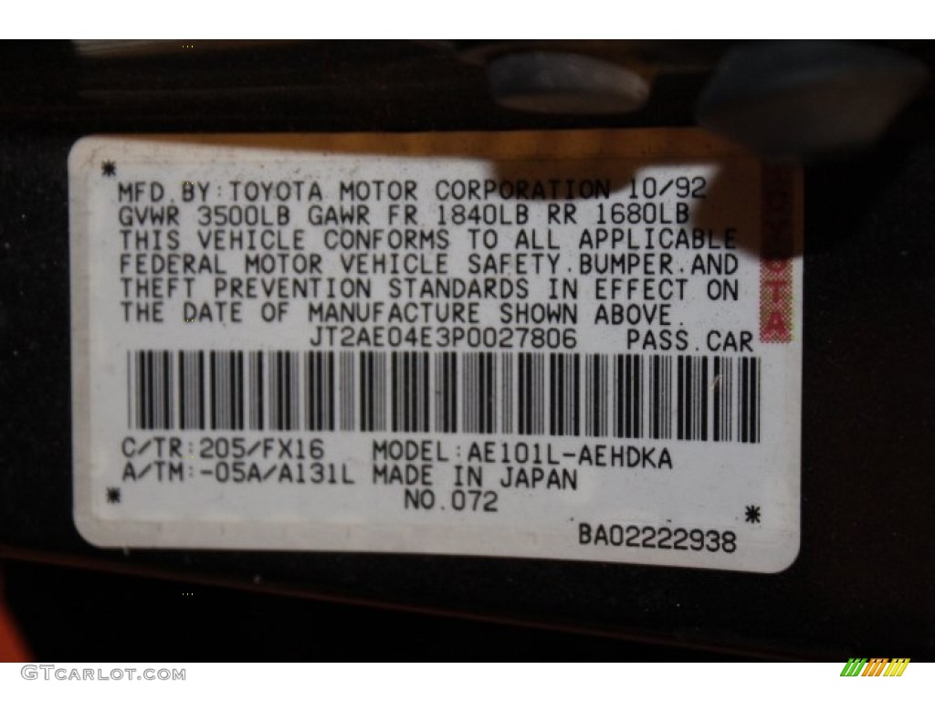 1993 Corolla  - Black Metallic / Dark Gray photo #27