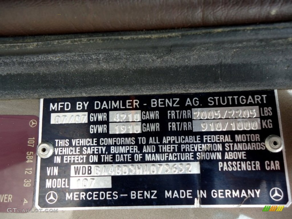 1987 Mercedes-Benz SL Class 560 SL Roadster Info Tag Photos