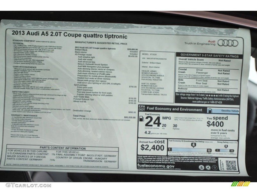 2013 Audi A5 2.0T quattro Coupe Window Sticker Photo #66013923