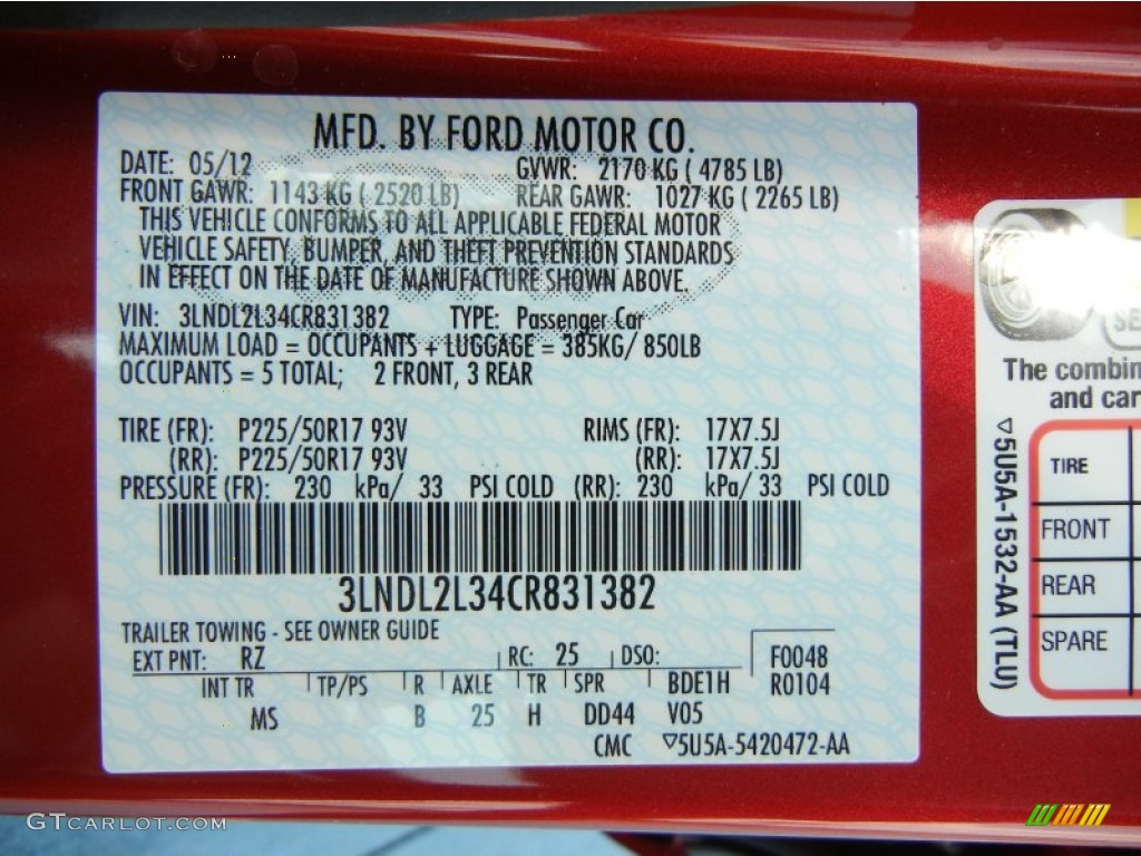 2012 MKZ Color Code RZ for Red Candy Metallic Photo #66037488