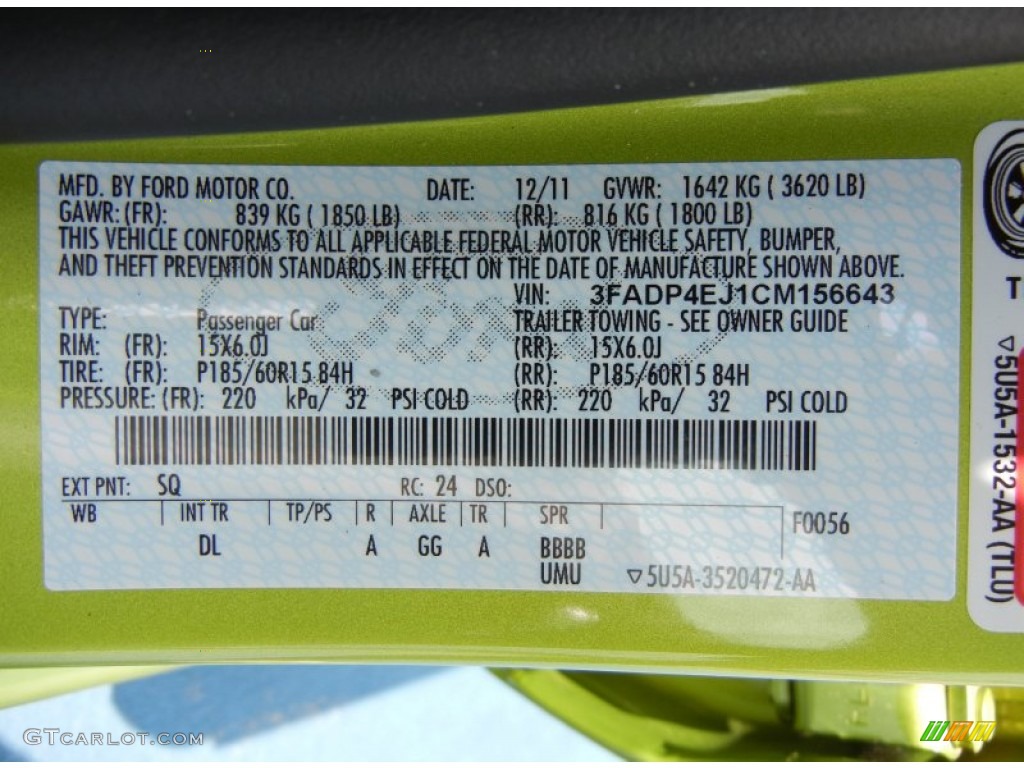2012 Fiesta Color Code SQ for Lime Squeeze Metallic Photo #66038337