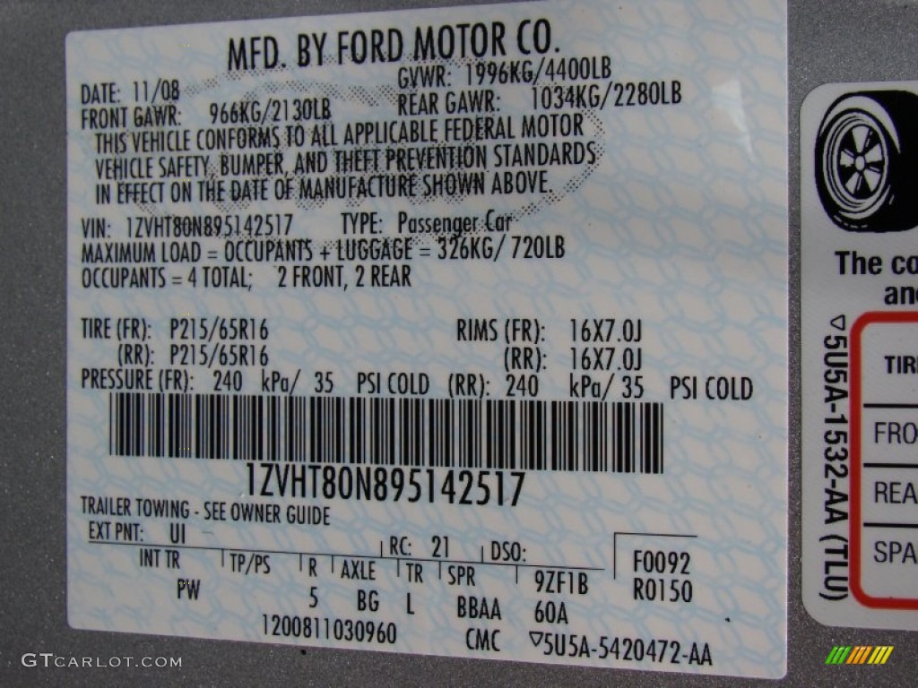 2009 Mustang Color Code UI for Brilliant Silver Metallic Photo #66055207