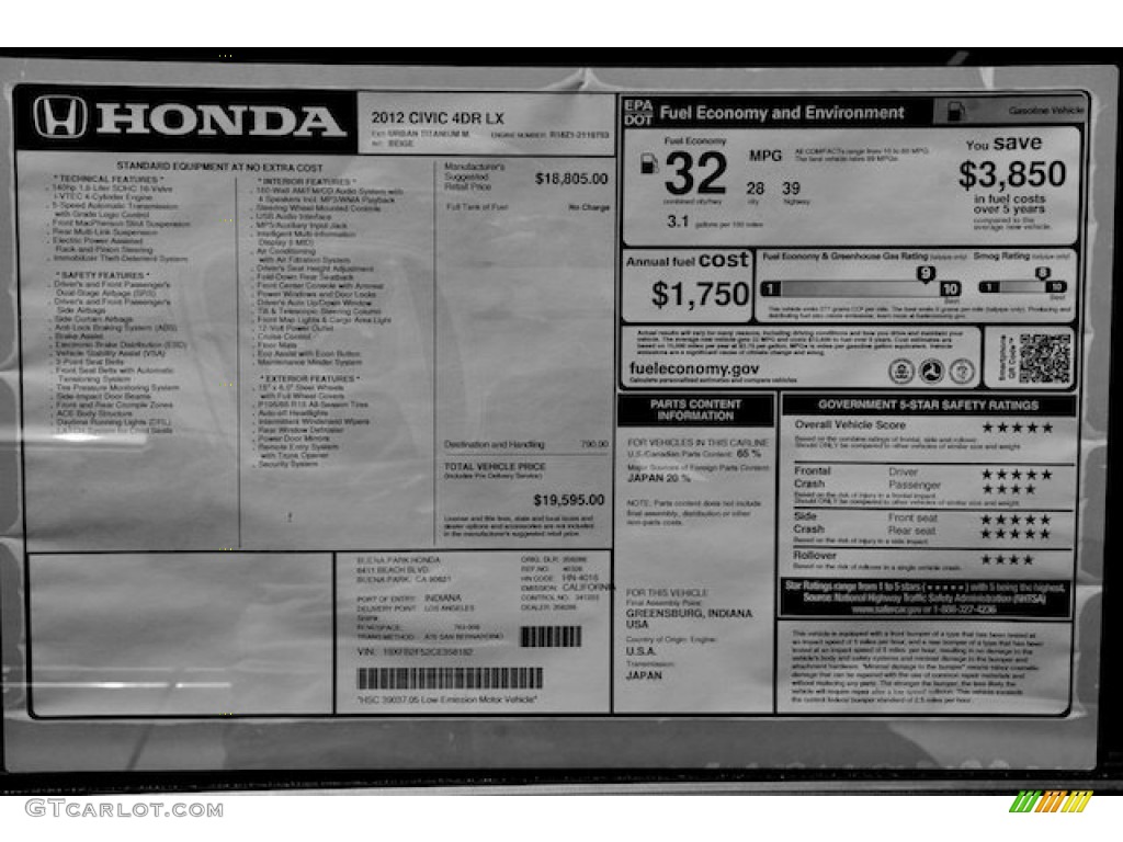 2012 Honda Civic LX Sedan Window Sticker Photo #66072325