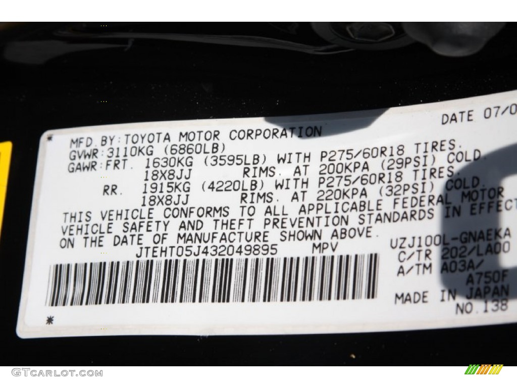 2003 Land Cruiser Color Code 202 for Black Photo #66086973