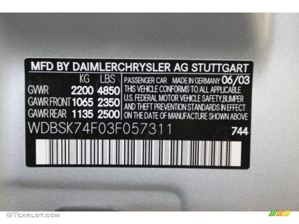 2003 SL Color Code 744 for Brilliant Silver Metallic Photo #66087783