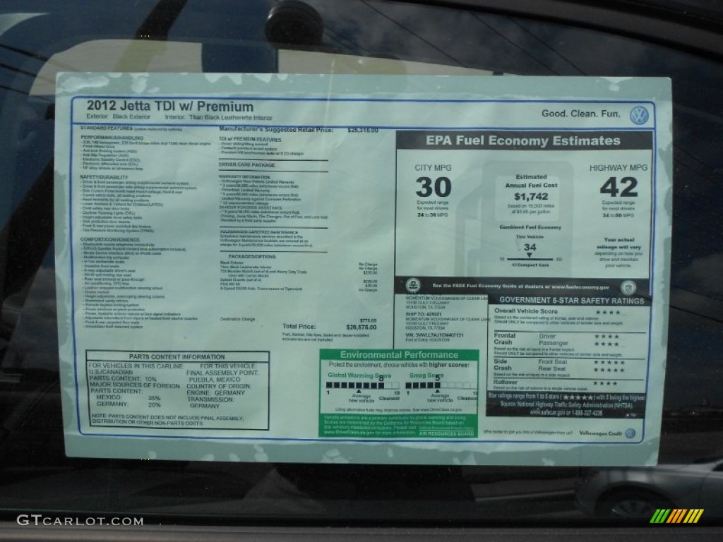 2012 Volkswagen Jetta TDI Sedan Window Sticker Photo #66093576