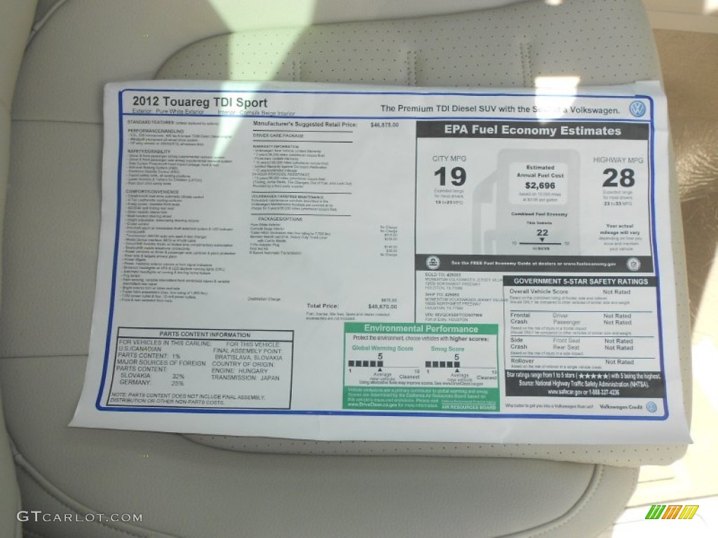 2012 Volkswagen Touareg TDI Sport 4XMotion Window Sticker Photo #66094299