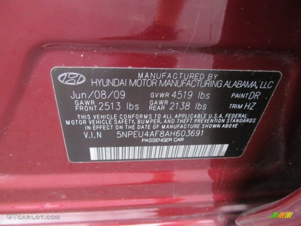 2010 Sonata Color Code DR for Dark Cherry Red Photo #66111132