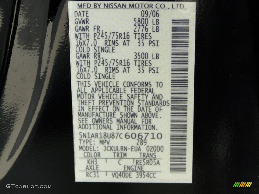 2007 Nissan Pathfinder S Color Code Photos