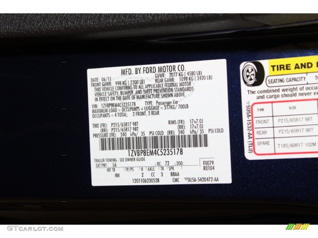 2012 Mustang Color Code L6 for Kona Blue Metallic Photo #66123782