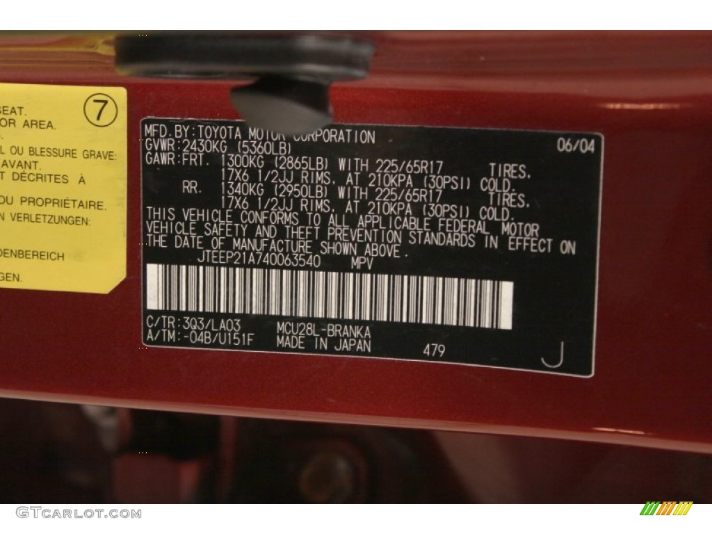 2004 Highlander Color Code 3Q3 for Sundown Red Pearl Photo #66130778