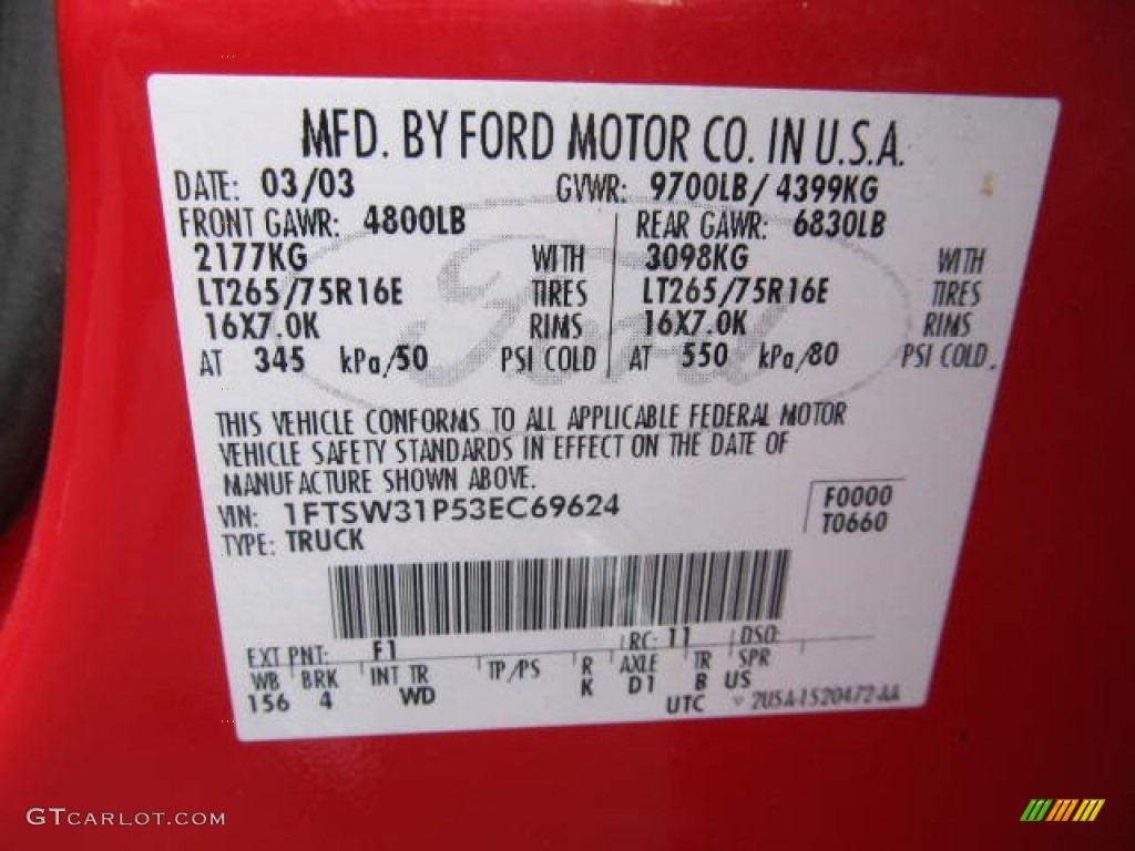 2003 F350 Super Duty Color Code F1 for Red Photo #66160151