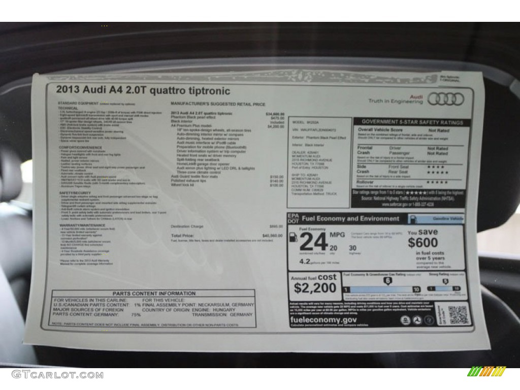 2013 Audi A4 2.0T quattro Sedan Window Sticker Photo #66163577