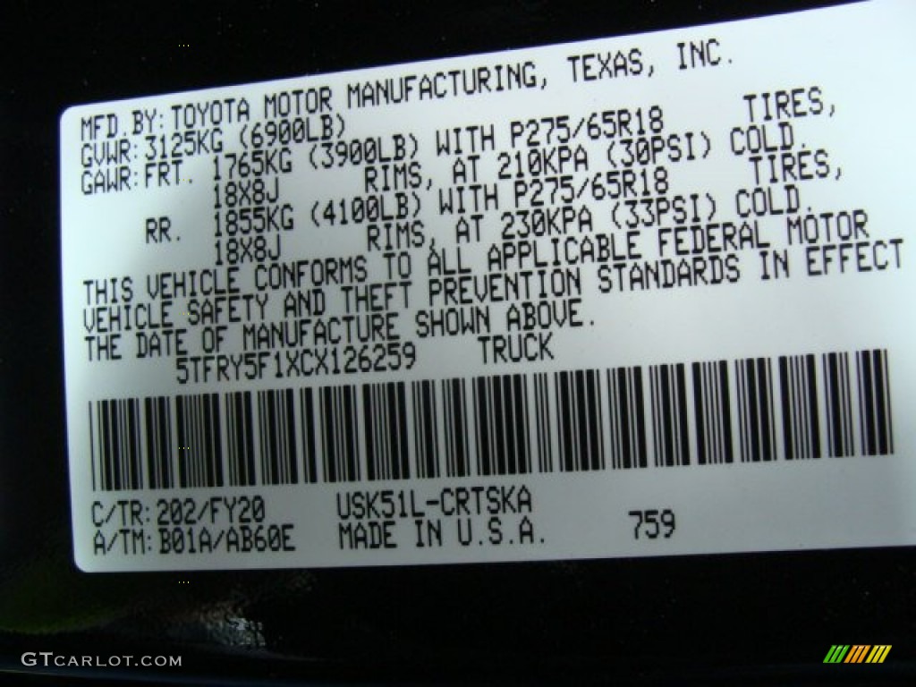 2012 Tundra Color Code 202 for Black Photo #66165764