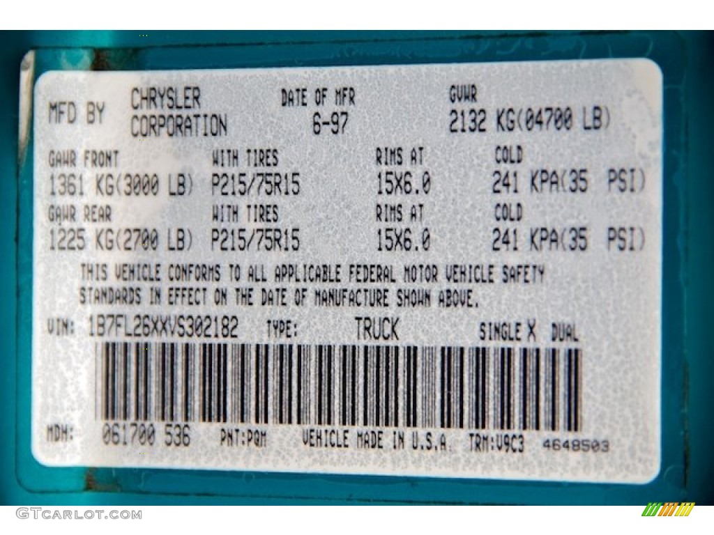 1997 Dakota Color Code PQM for Bright Jade Metallic Photo #66182861